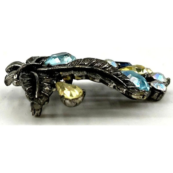 Vintage Brooch Ornate Round Blue Yellow Leaf Pattern Rhinestone 2" - Picture 5 of 6